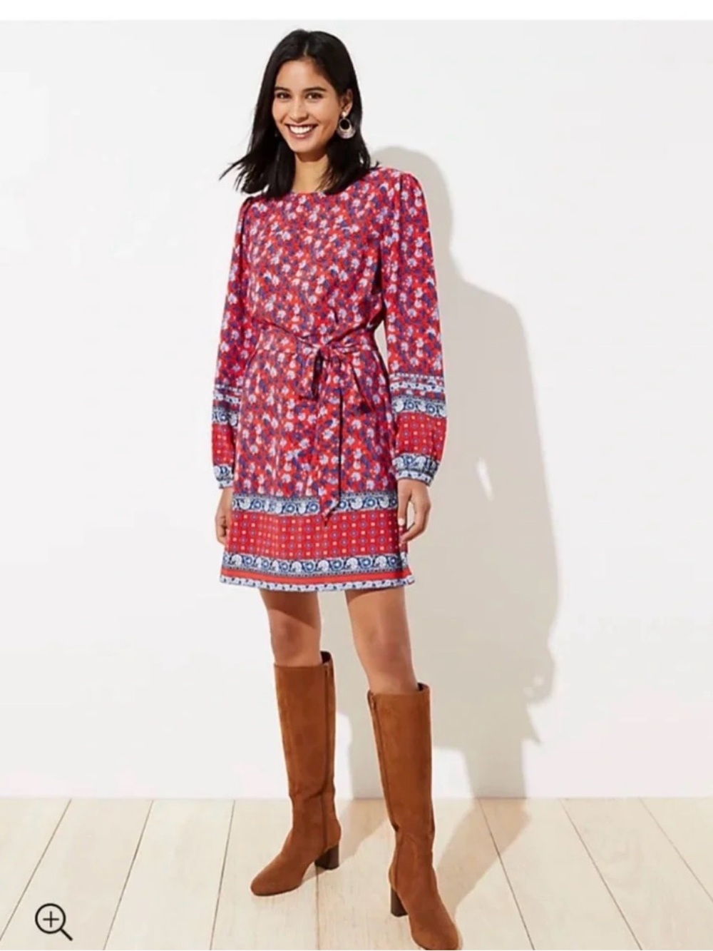 LOFT Red Floral Border-Print Long-Sleeve Tie-Waist Dress with Blue Accents